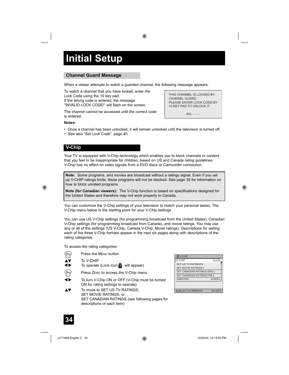 Initial setup, Channel guard message, V-chip | JVC LCT1606-001B-A User Manual | Page 34 / 72