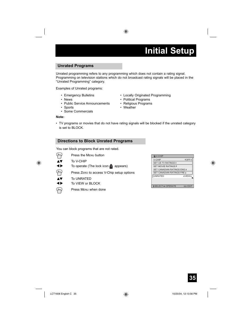 Initial setup, Directions to block unrated programs, Unrated programs | JVC LCT1606-001B-A User Manual | Page 35 / 72