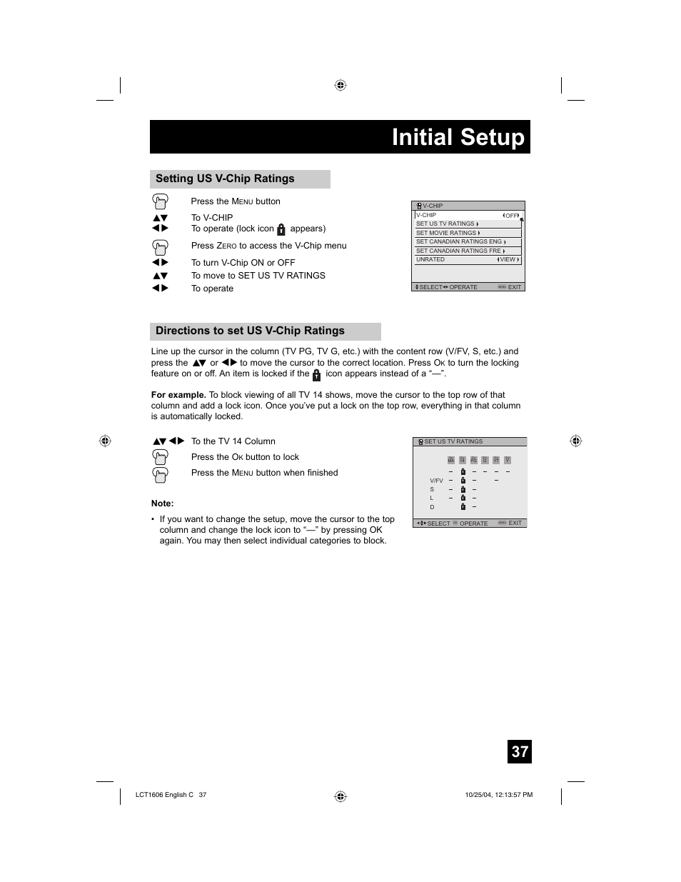 Initial setup, Directions to set us v-chip ratings, Setting us v-chip ratings | JVC LCT1606-001B-A User Manual | Page 37 / 72