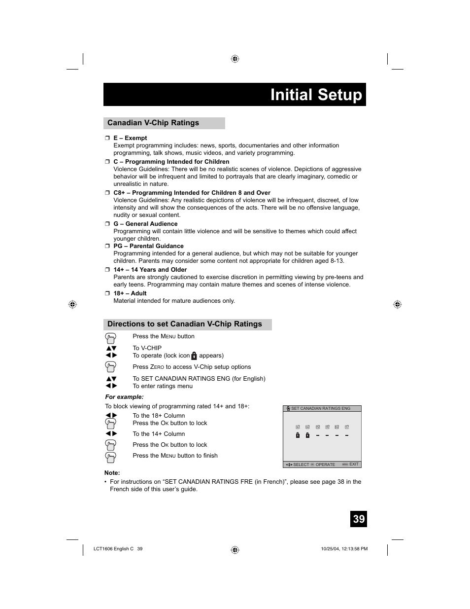 Initial setup, Directions to set canadian v-chip ratings, Canadian v-chip ratings | JVC LCT1606-001B-A User Manual | Page 39 / 72