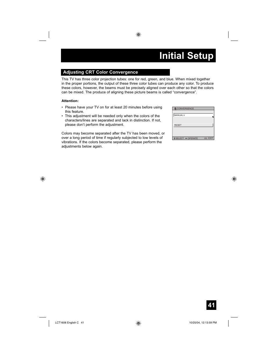 Initial setup, Adjusting crt color convergence | JVC LCT1606-001B-A User Manual | Page 41 / 72