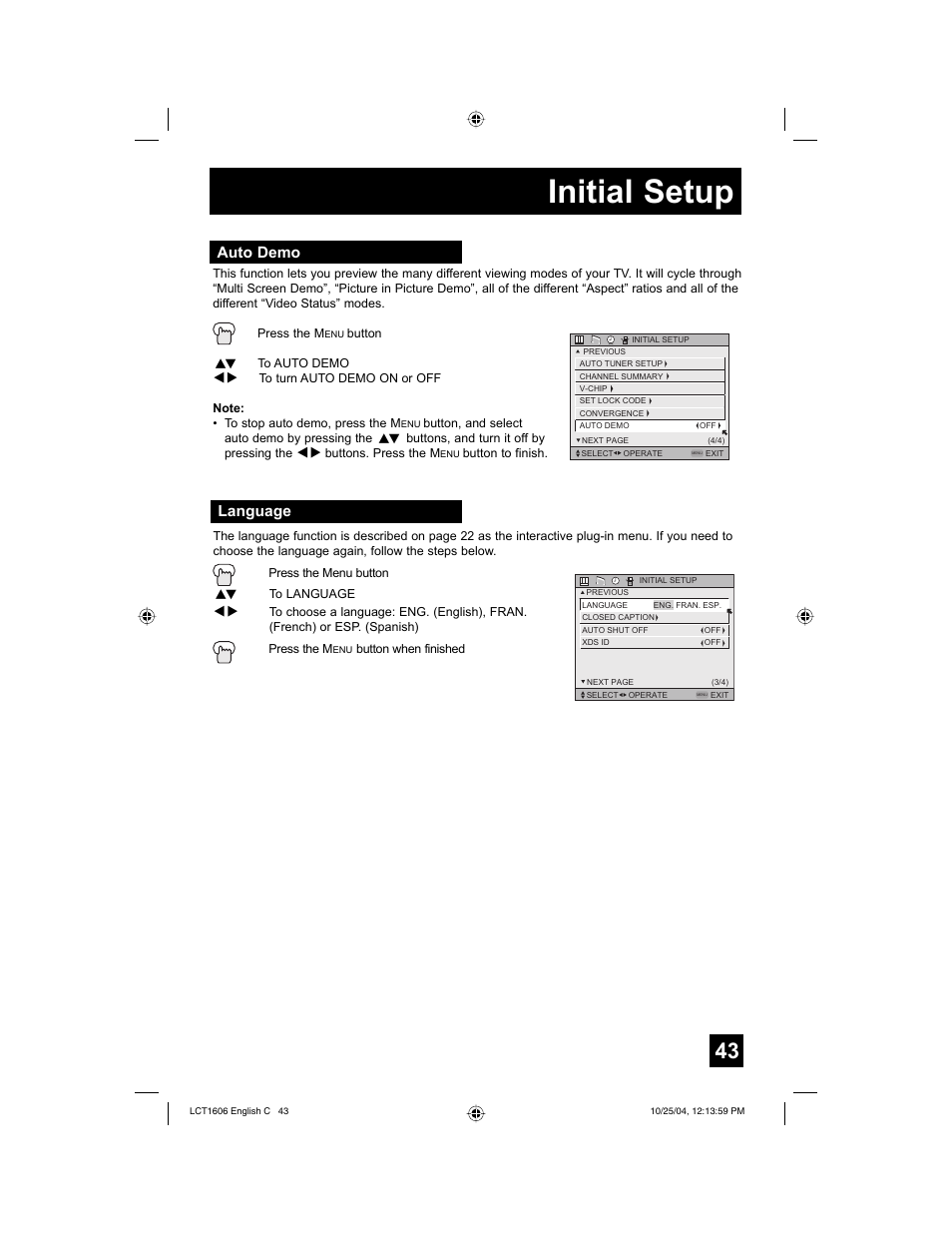 Initial setup, Language, Auto demo | JVC LCT1606-001B-A User Manual | Page 43 / 72