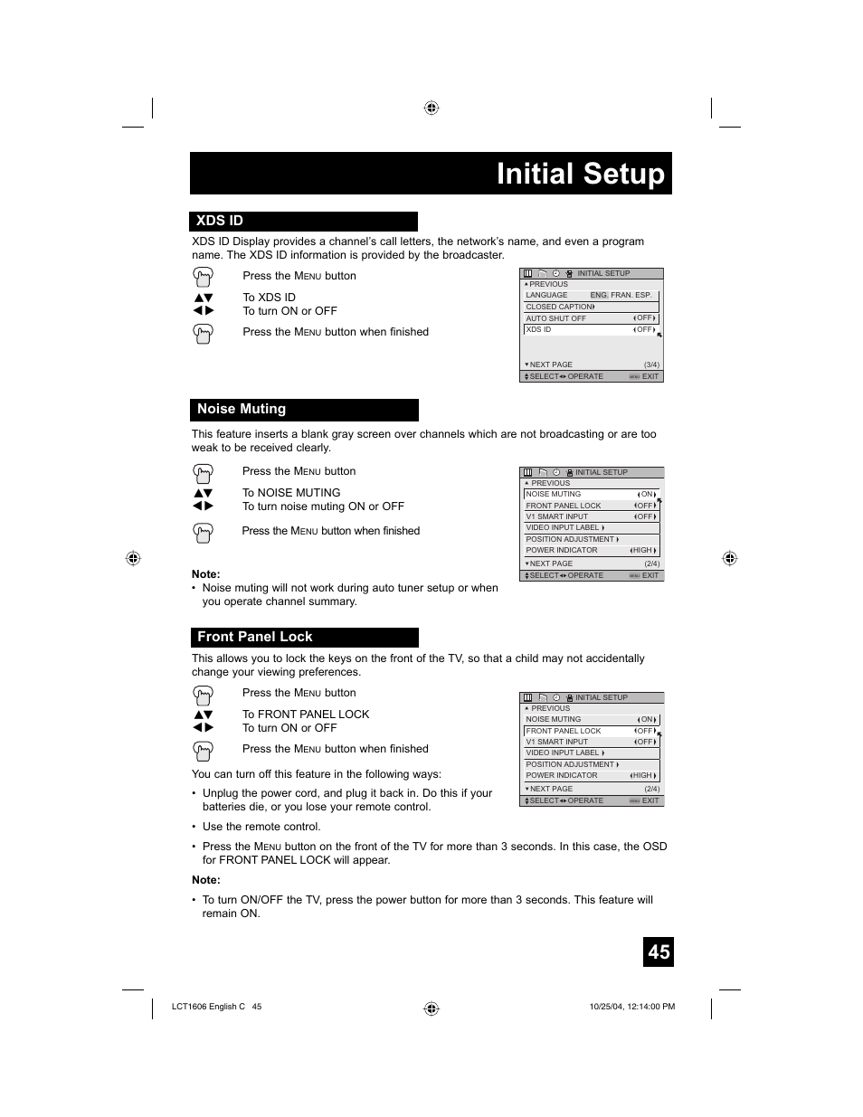 Initial setup, Xds id, Noise muting | Front panel lock | JVC LCT1606-001B-A User Manual | Page 45 / 72