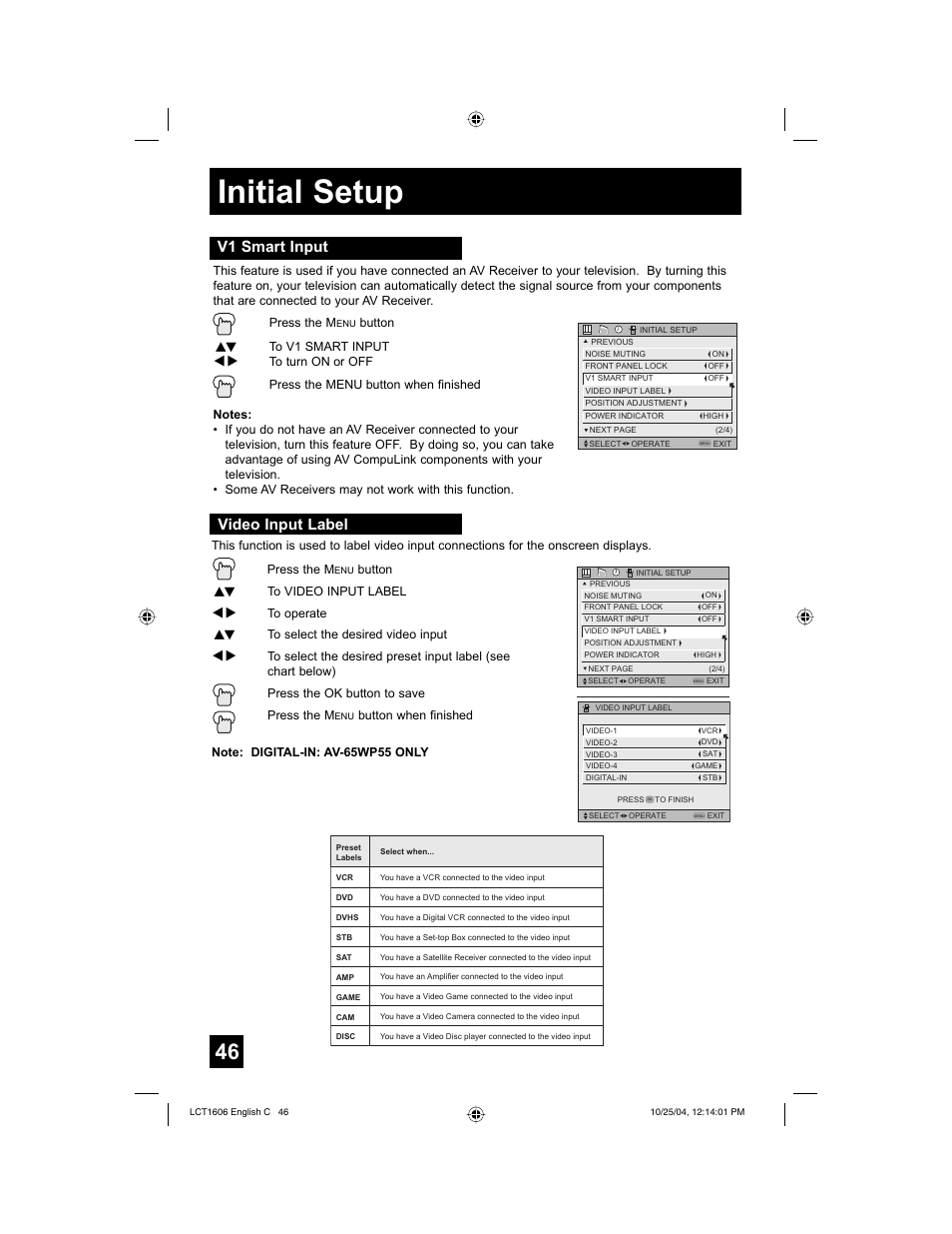 Initial setup, V1 smart input, Video input label | JVC LCT1606-001B-A User Manual | Page 46 / 72