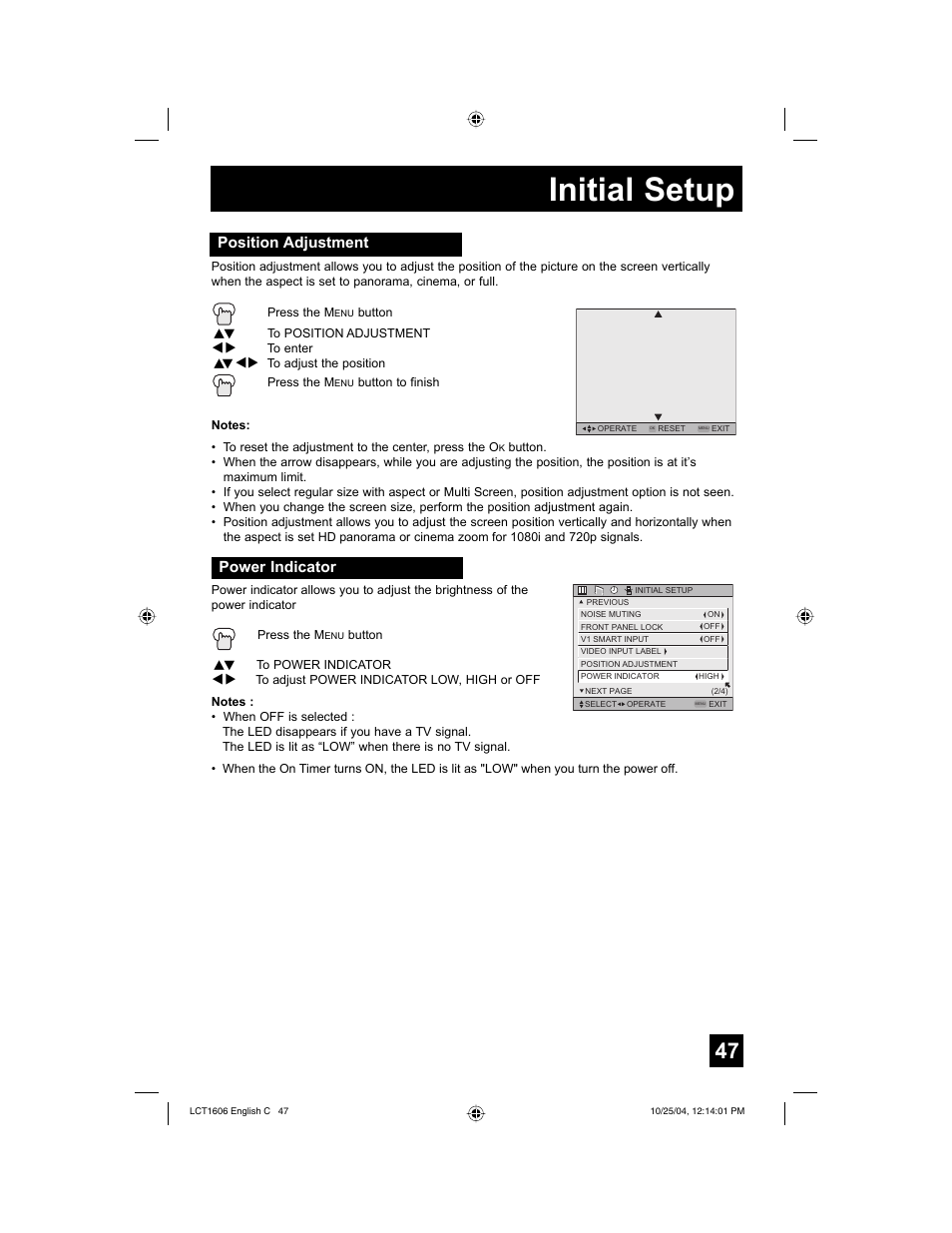Initial setup, Position adjustment, Power indicator | JVC LCT1606-001B-A User Manual | Page 47 / 72