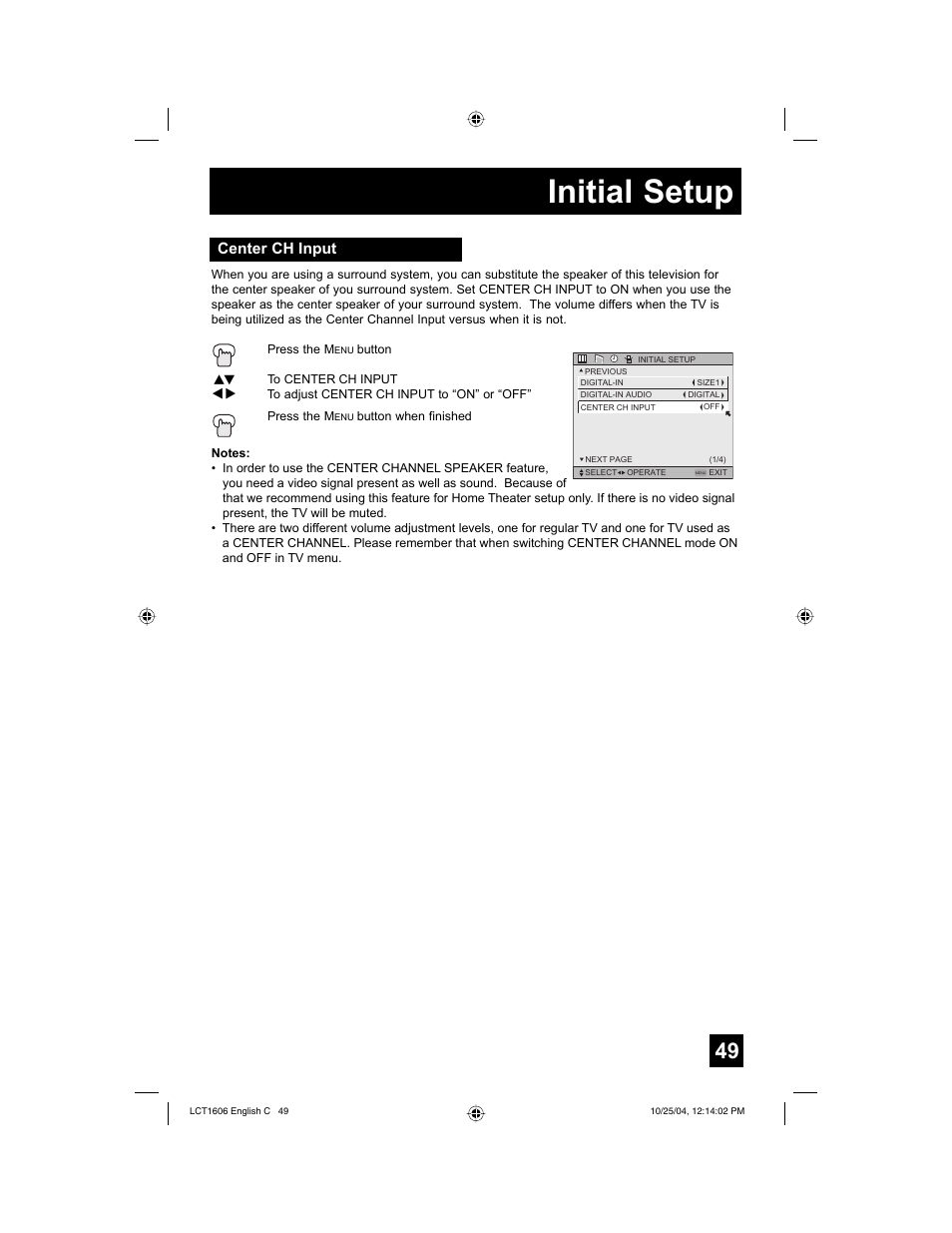 Initial setup, Center ch input | JVC LCT1606-001B-A User Manual | Page 49 / 72