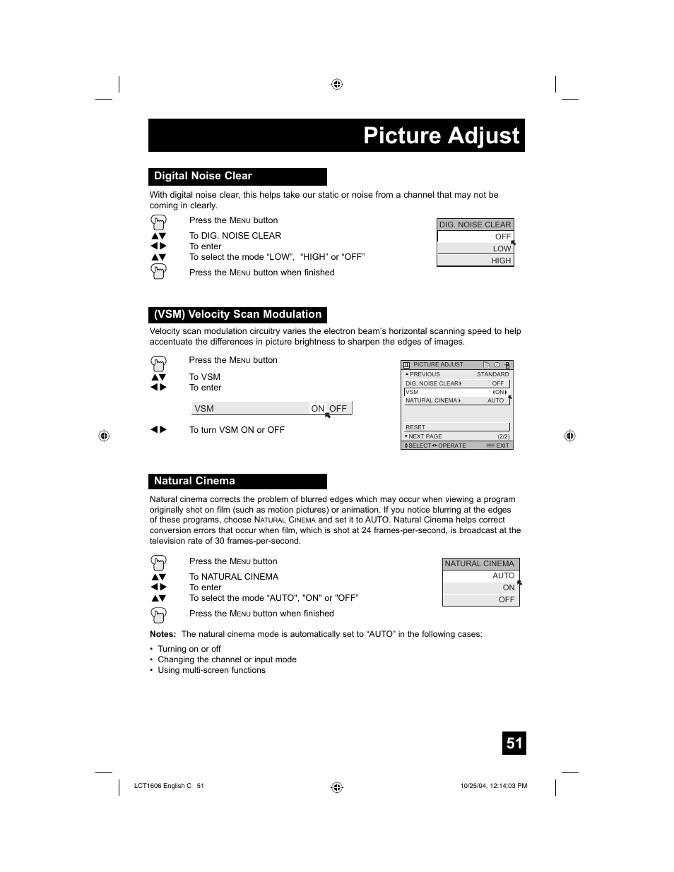 Picture adjust, Vsm) velocity scan modulation, Digital noise clear | Natural cinema | JVC LCT1606-001B-A User Manual | Page 51 / 72