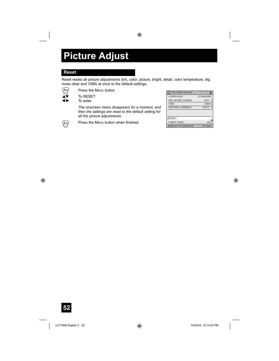 Picture adjust, Reset | JVC LCT1606-001B-A User Manual | Page 52 / 72