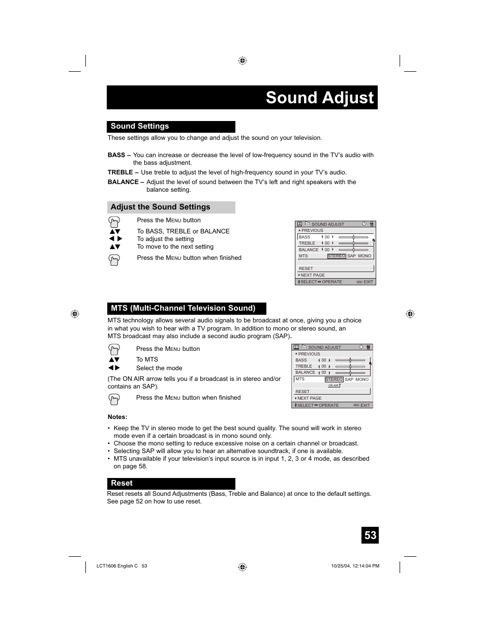 Sound adjust, Reset | JVC LCT1606-001B-A User Manual | Page 53 / 72