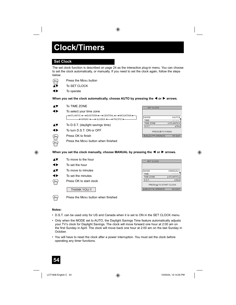Clock/timers, Set clock | JVC LCT1606-001B-A User Manual | Page 54 / 72