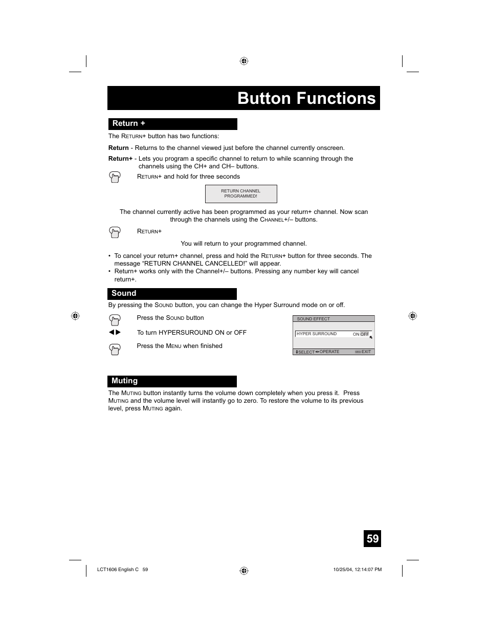 Button functions, Return, Sound | Muting | JVC LCT1606-001B-A User Manual | Page 59 / 72