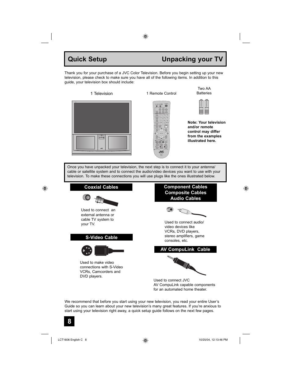 Quick setup unpacking your tv, Coaxial cables s-video cable, Component cables composite cables audio cables | Av compulink cable, 1 television, Menu channel operate volume pull open power, Two aa batteries | JVC LCT1606-001B-A User Manual | Page 8 / 72