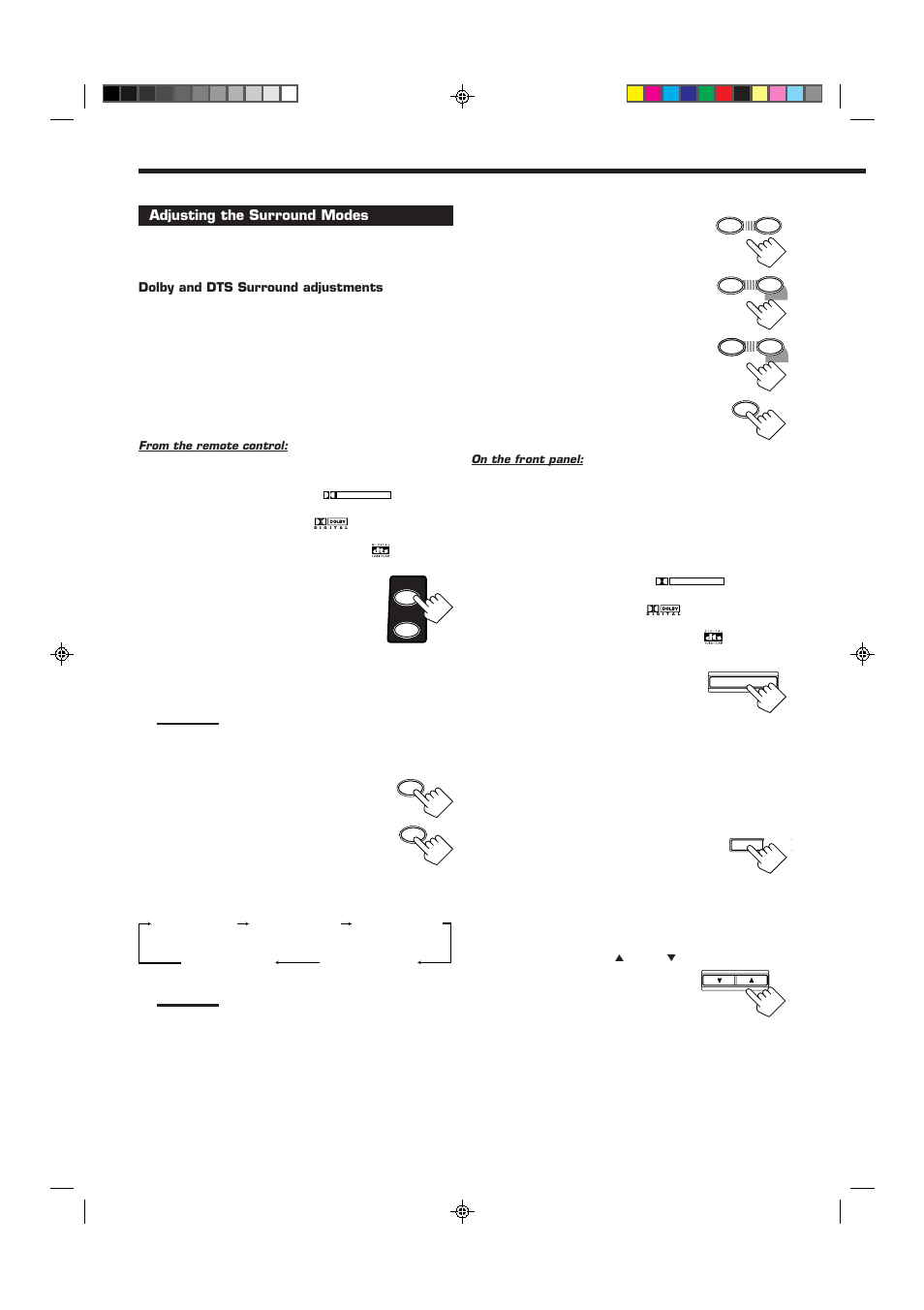 Adjust the speaker output levels, Press test again to stop the test tone, Select and play a sound source | Adjusting the surround modes, Press sound, Press test to check the speaker output balance | JVC RX-6010VBK User Manual | Page 24 / 36