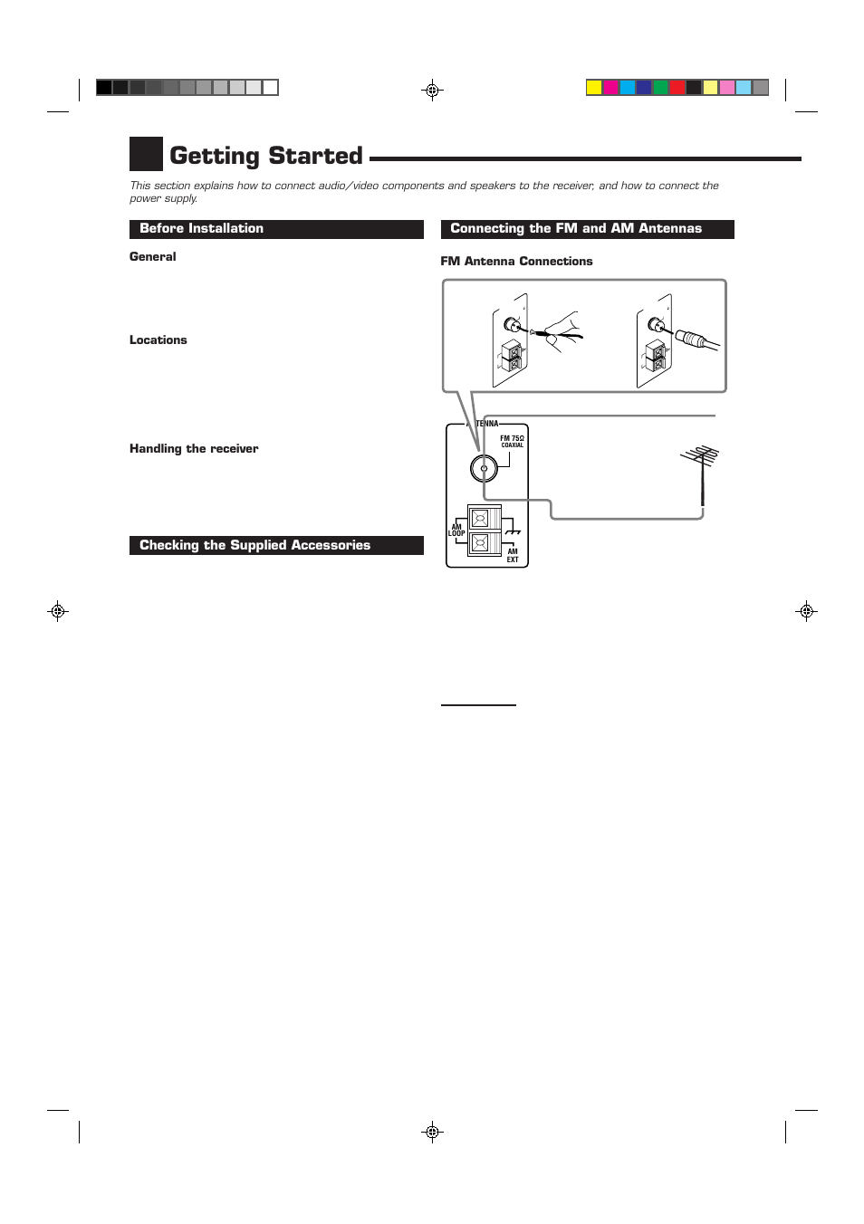 Getting started, Before installation, Checking the supplied accessories | Connecting the fm and am antennas, General, Locations, Handling the receiver, Fm antenna connections | JVC RX-6010VBK User Manual | Page 6 / 36