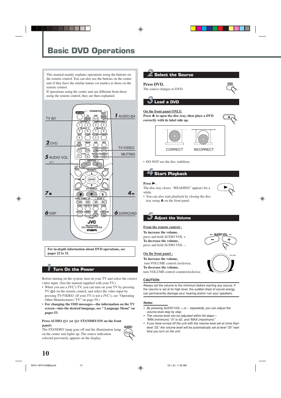 Basic dvd operations, Turn on the power, Select the source press dvd | Load a, Start playback | JVC SP-THA35 User Manual | Page 14 / 68