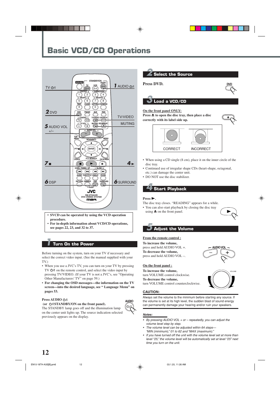 Basic vcd/cd operations, Turn on the power, Select the source press dvd | Load a, Start playback, Adjust the volume | JVC SP-THA35 User Manual | Page 16 / 68