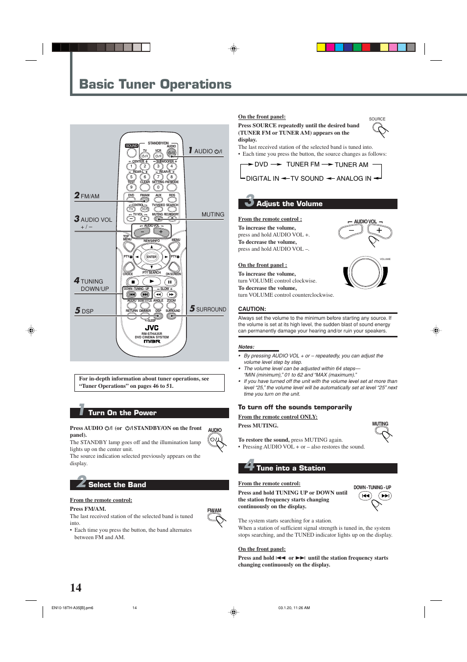 Basic tuner operations, Turn on the power, Select the band | Adjust the volume, Tune into a station | JVC SP-THA35 User Manual | Page 18 / 68