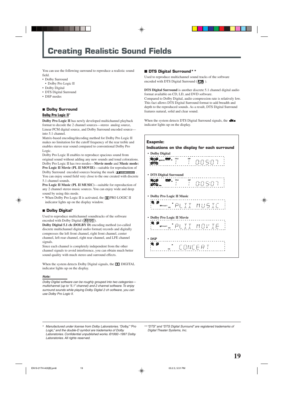 Creating realistic sound fields, 7 dolby surround dolby pro logic ii, 7 dolby digital | Dts digital surround | JVC SP-THA35 User Manual | Page 23 / 68