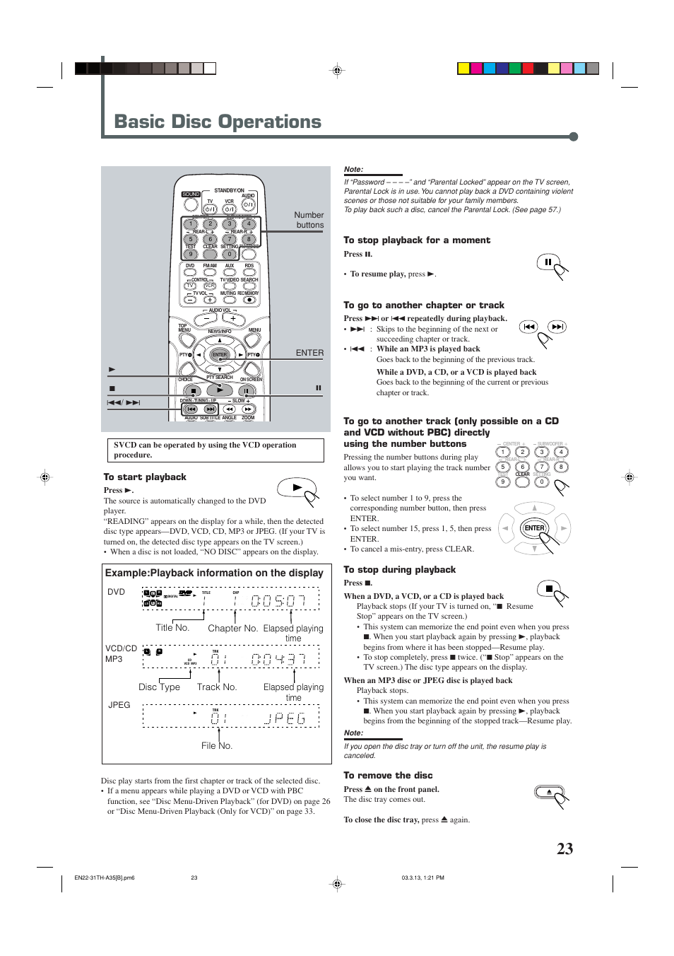 Basic disc operations, Example:playback information on the display | JVC SP-THA35 User Manual | Page 27 / 68