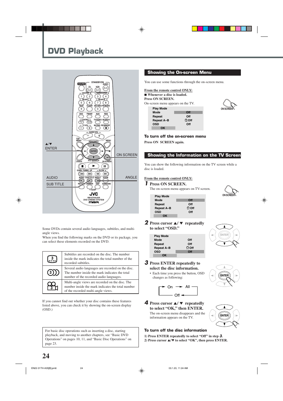 Dvd playback, Showing the on-screen menu, Showing the information on the tv screen | Press on screen, Press cursor 5 / ∞ repeatedly to select “osd, On all off | JVC SP-THA35 User Manual | Page 28 / 68