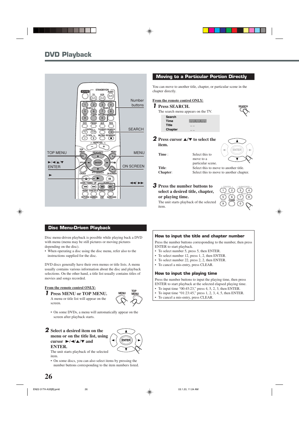 Dvd playback, Moving to a particular portion directly, Press search | Press cursor 5 / ∞ to select the item, Disc menu-driven playback, Press menu or top menu, How to input the title and chapter number, How to input the playing time | JVC SP-THA35 User Manual | Page 30 / 68