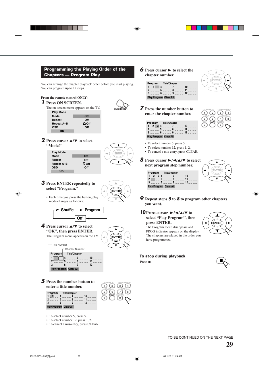 Press on screen, Shuffle program off, Press cursor 5 / ∞ to select “mode | Press enter repeatedly to select “program, Press the number button to enter a title number, Press cursor 3 to select the chapter number | JVC SP-THA35 User Manual | Page 33 / 68