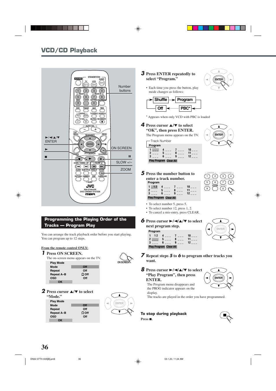 Vcd/cd playback, Press on screen, Press cursor 5 / ∞ to select “mode | Shuffle off pbc* program, Press enter repeatedly to select “program, Press the number button to enter a track number | JVC SP-THA35 User Manual | Page 40 / 68