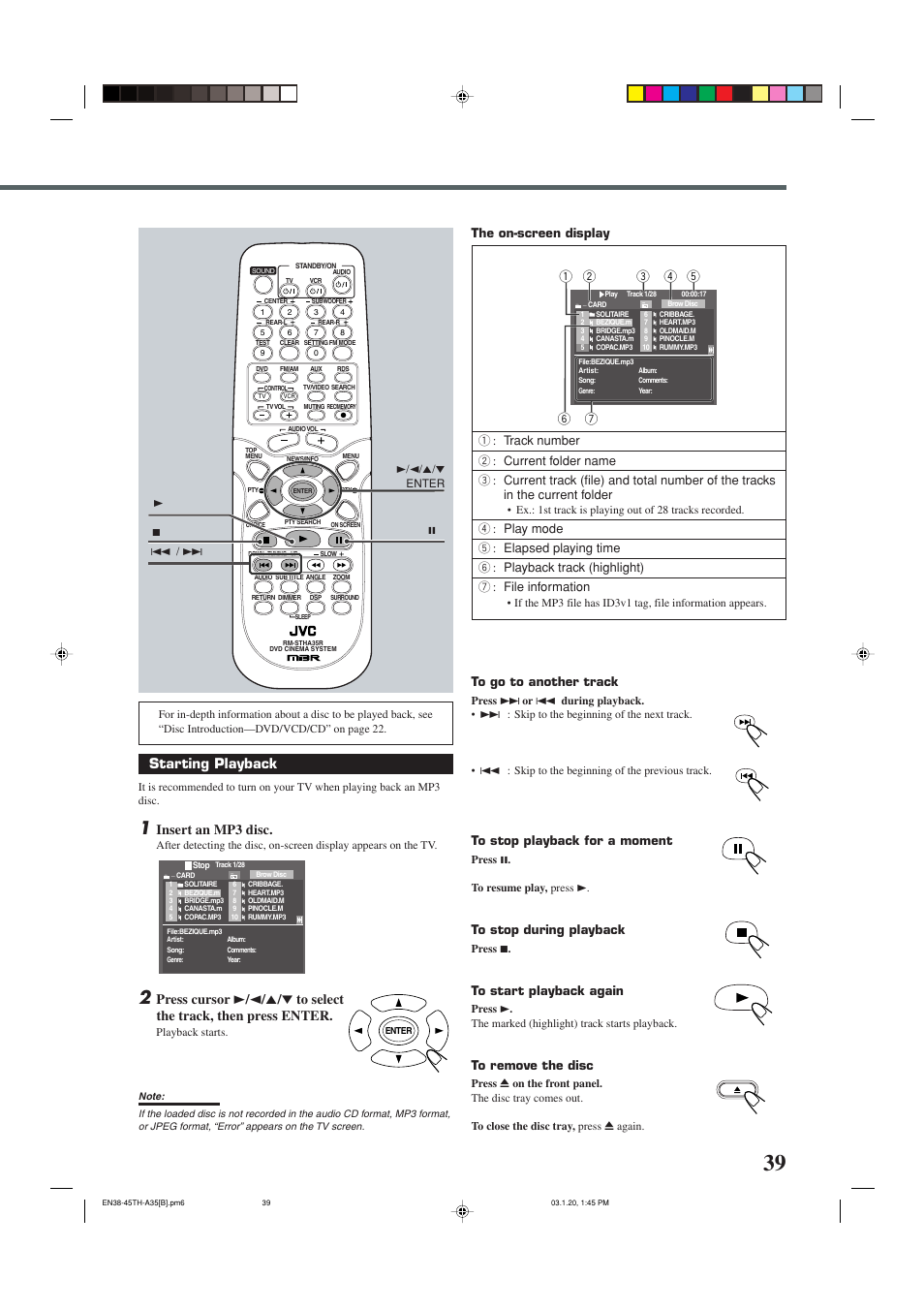 Starting playback, Insert an mp3 disc, The on-screen display | JVC SP-THA35 User Manual | Page 43 / 68