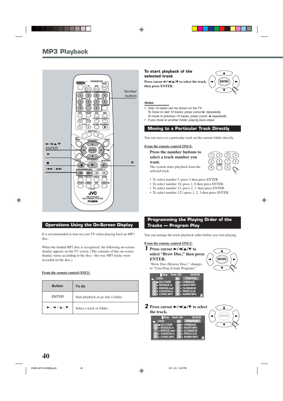 Mp3 playback, Moving to a particular track directly, Press cursor 3 / 2 / 5 / ∞ to select the track | Operations using the on-screen display | JVC SP-THA35 User Manual | Page 44 / 68