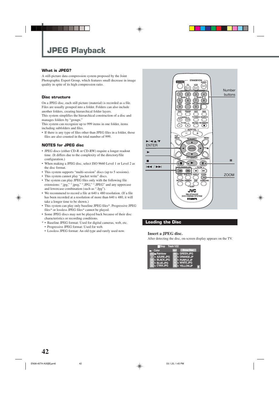 Jpeg playback, Loading the disc insert a jpeg disc, What is jpeg | Disc structure | JVC SP-THA35 User Manual | Page 46 / 68
