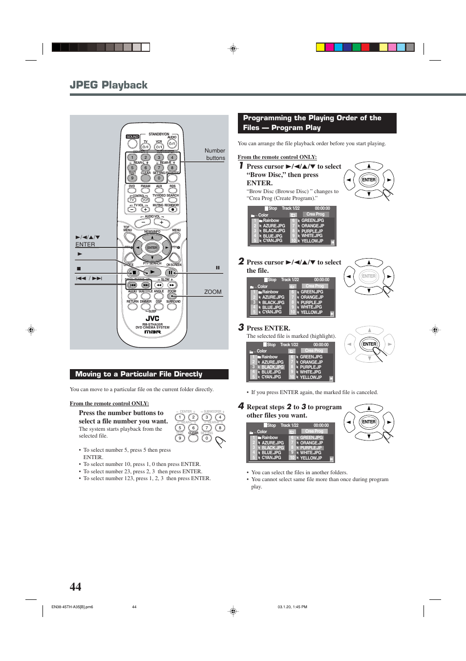 Jpeg playback, Press cursor 3 / 2 / 5 / ∞ to select the file, Press enter | Moving to a particular file directly | JVC SP-THA35 User Manual | Page 48 / 68