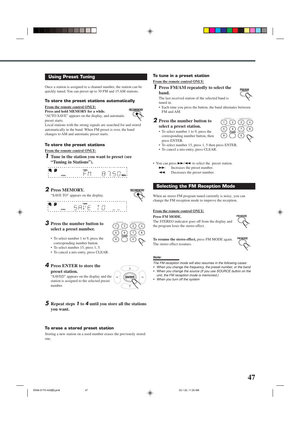 Using preset tuning, Press the number button to select a preset number, Press enter to store the preset station | Press fm/am repeatedly to select the band, Press the number button to select a preset station, Selecting the fm reception mode | JVC SP-THA35 User Manual | Page 51 / 68