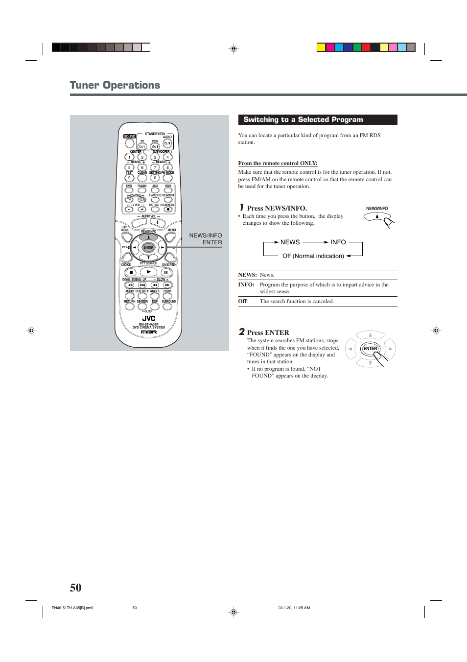 Tuner operations, Switching to a selected program, Press news/info | Press enter, News info, Off (normal indication) | JVC SP-THA35 User Manual | Page 54 / 68