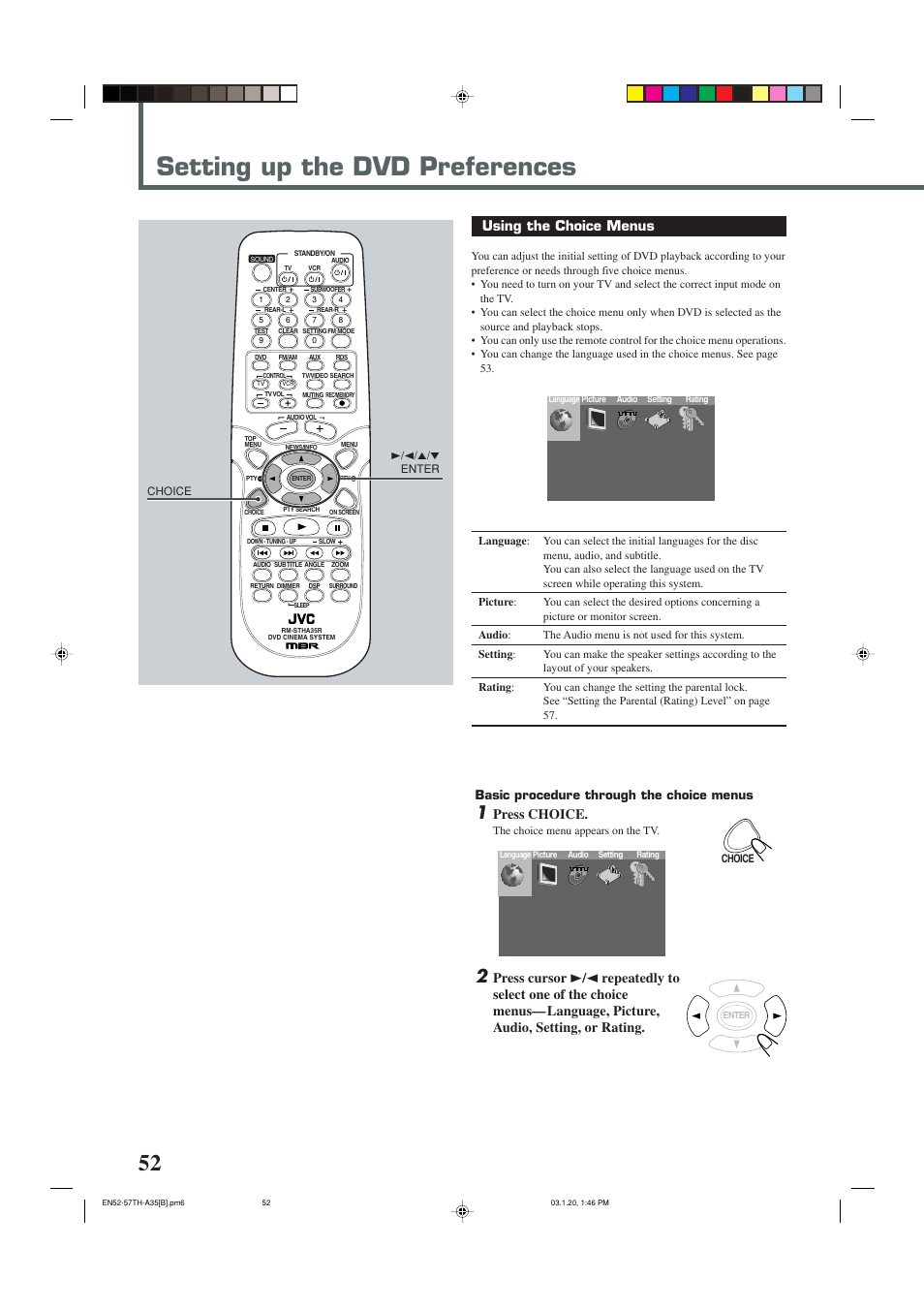 Setting up the dvd preferences, Using the choice menus, Press choice | Basic procedure through the choice menus | JVC SP-THA35 User Manual | Page 56 / 68