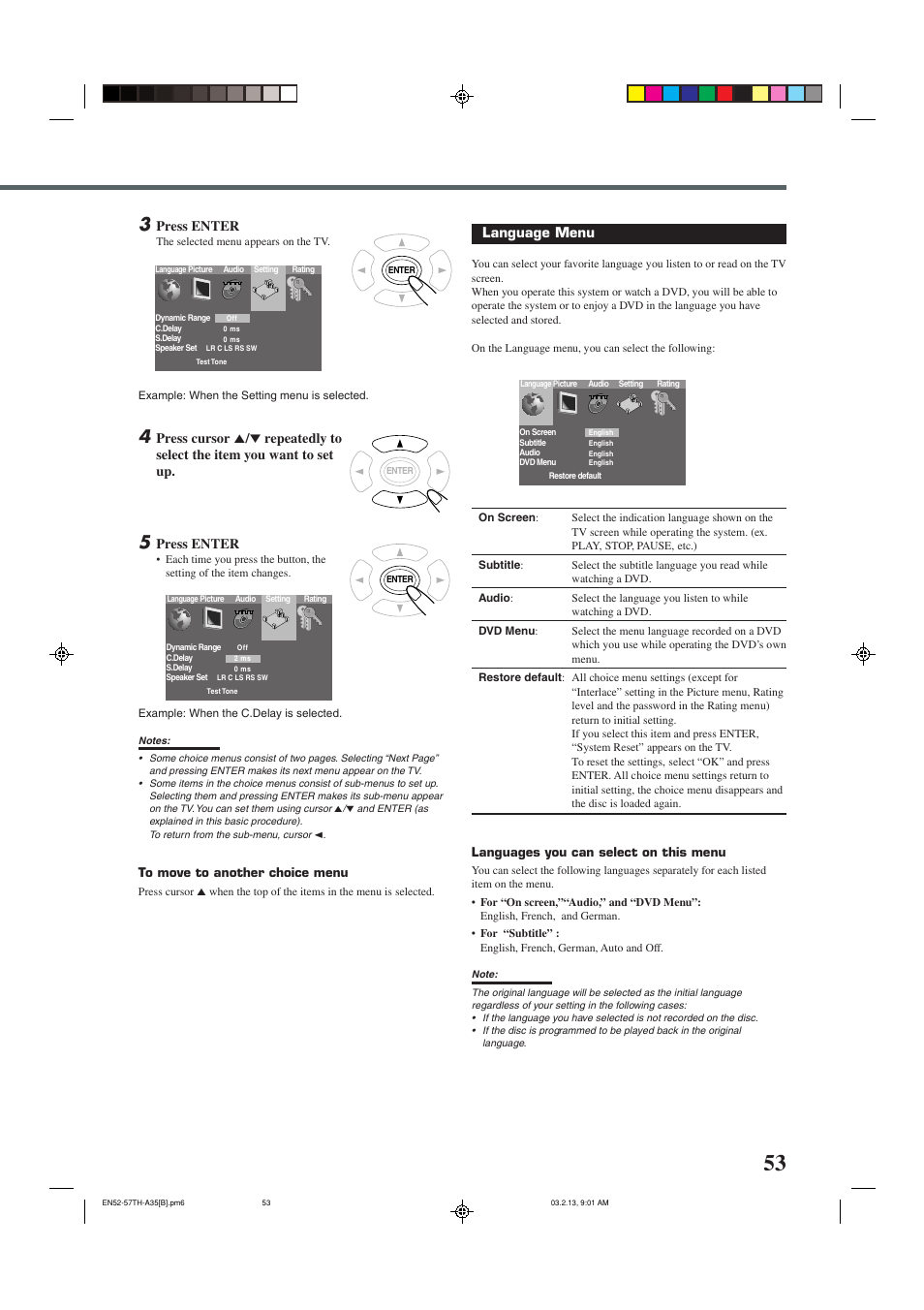 Language menu, Press enter | JVC SP-THA35 User Manual | Page 57 / 68