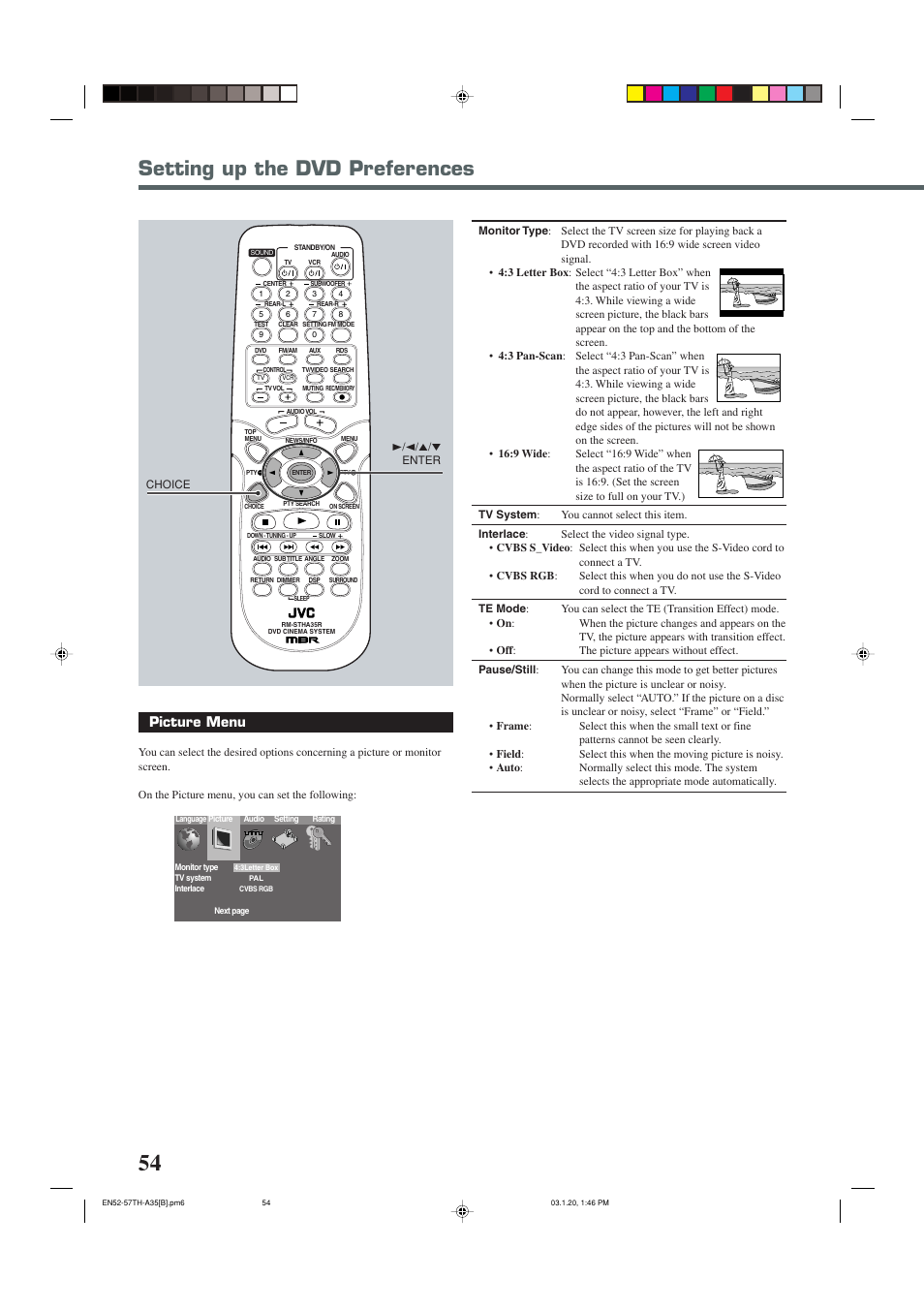 Setting up the dvd preferences, Picture menu | JVC SP-THA35 User Manual | Page 58 / 68