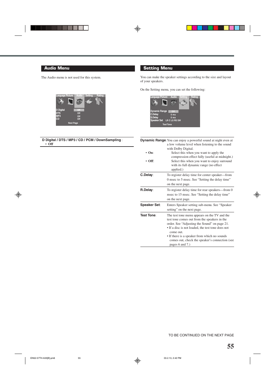 Audio menu, Setting menu | JVC SP-THA35 User Manual | Page 59 / 68