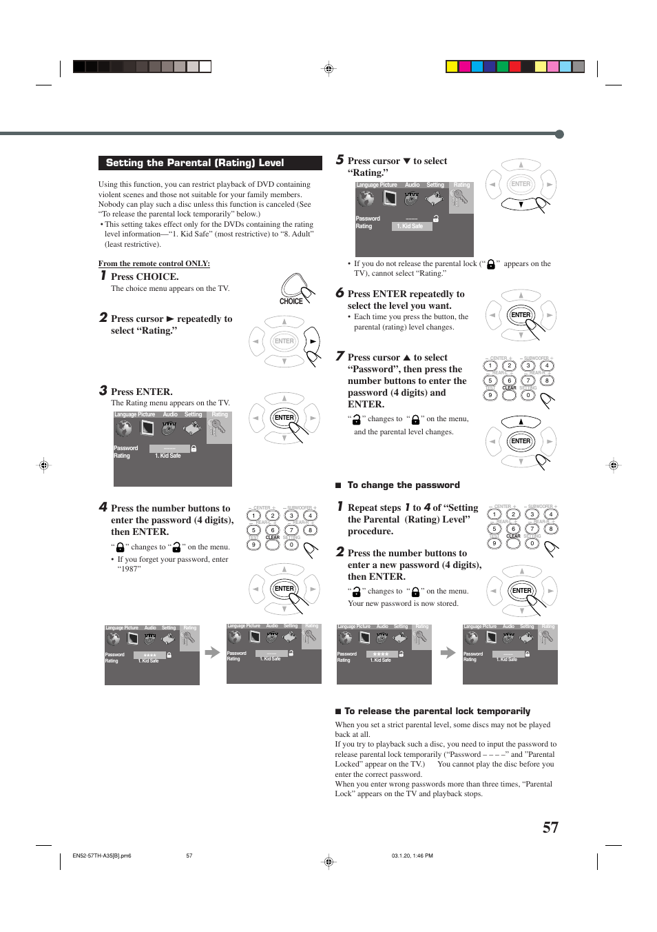 Setting the parental (rating) level, Press choice, Press cursor 3 repeatedly to select “rating | Press enter, Press cursor ∞ to select “rating | JVC SP-THA35 User Manual | Page 61 / 68