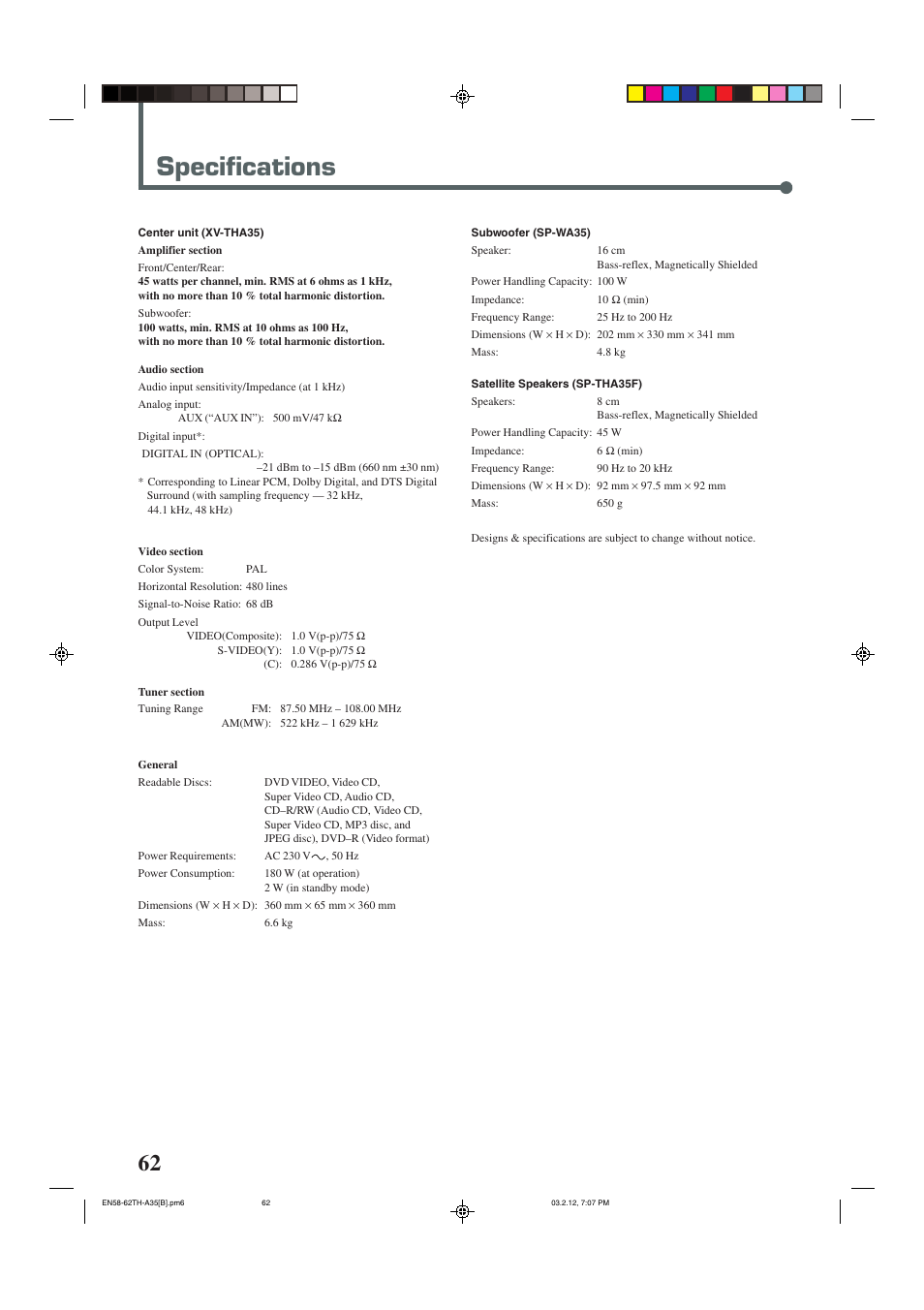 Specifications | JVC SP-THA35 User Manual | Page 66 / 68