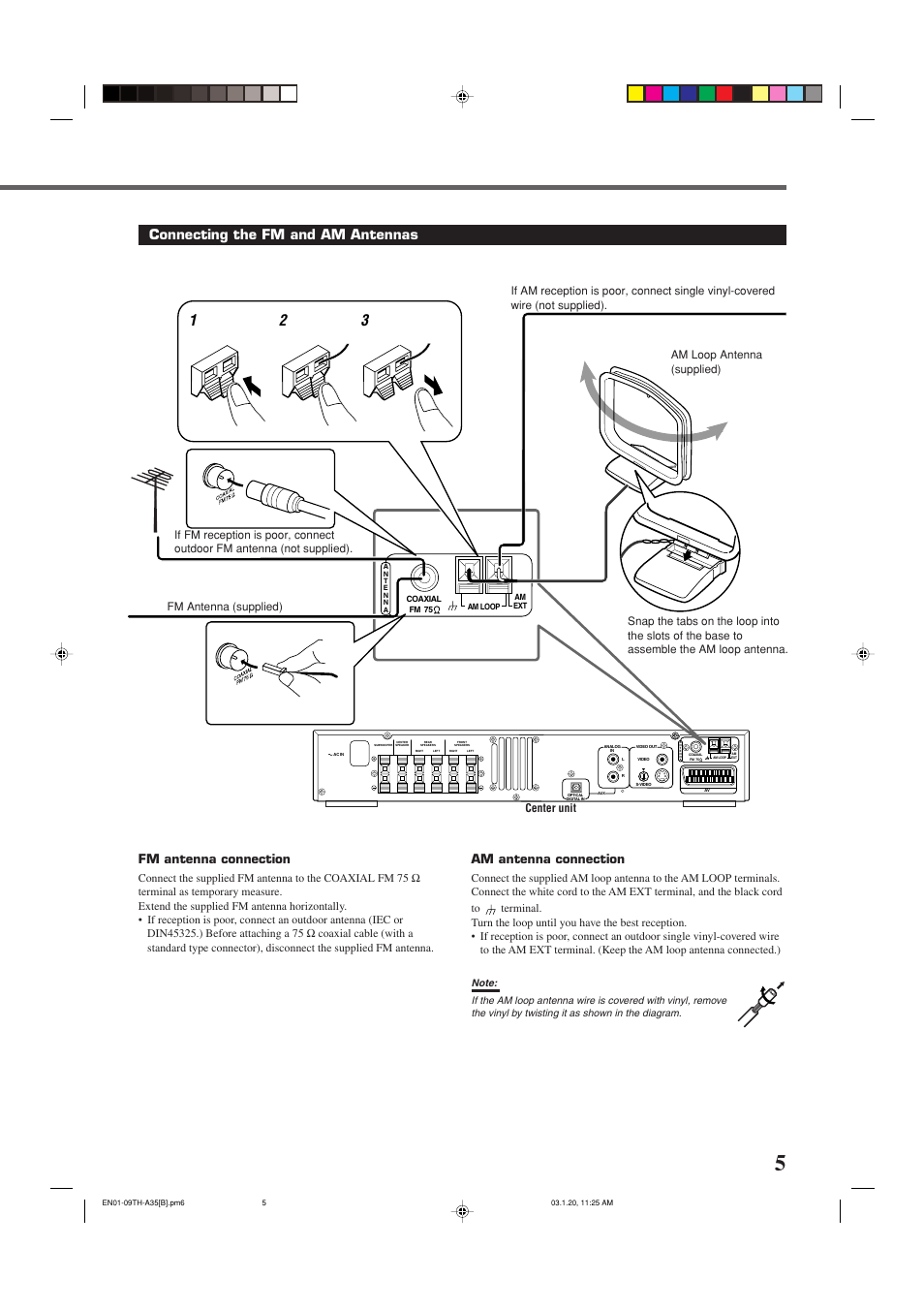 Connecting the fm and am antennas, Am antenna connection, Fm antenna connection | JVC SP-THA35 User Manual | Page 9 / 68