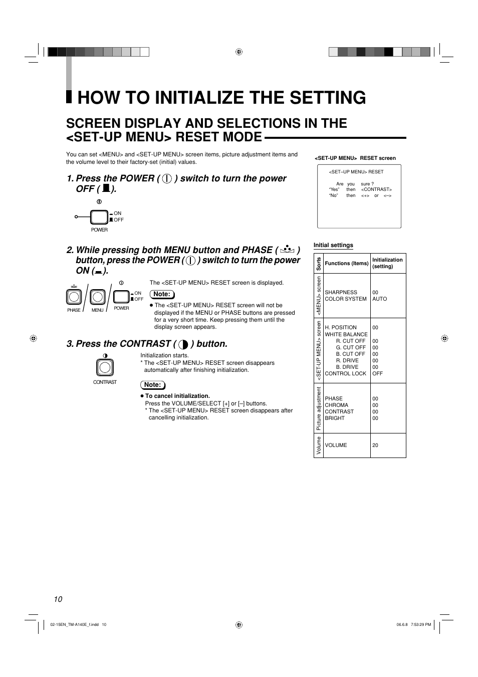 How to initialize the setting, Press the power ( ) switch to turn the power off, Press the contrast ( ) button | JVC Colour Video Monitor TM-A140E User Manual | Page 10 / 16