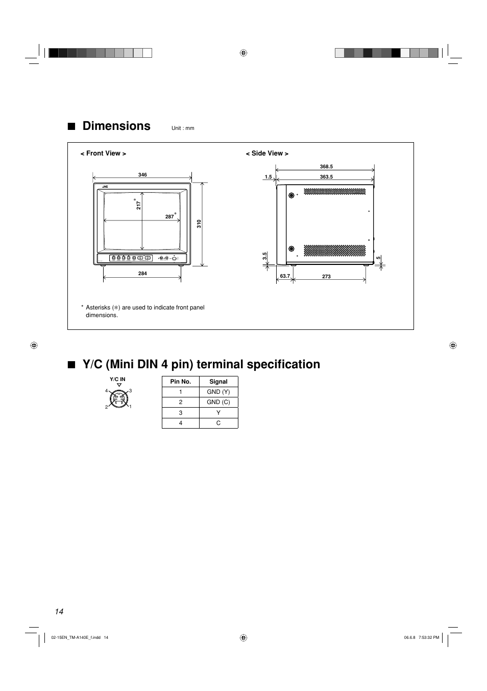 7 dimensions, 7 y/c (mini din 4 pin) terminal specifi cation | JVC Colour Video Monitor TM-A140E User Manual | Page 14 / 16