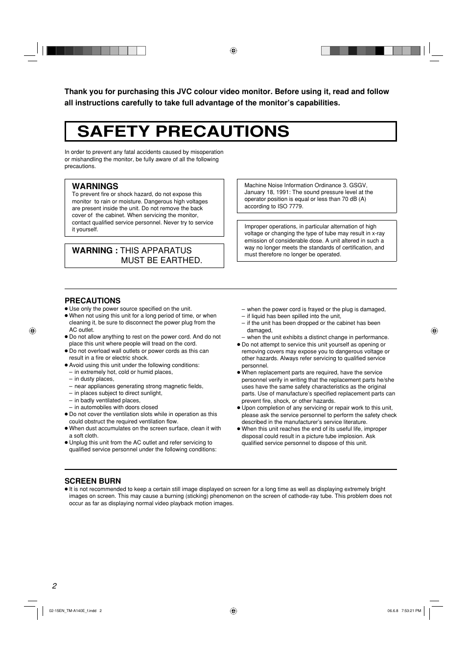 Safety precautions, Warnings, Warning : this apparatus must be earthed | JVC Colour Video Monitor TM-A140E User Manual | Page 2 / 16