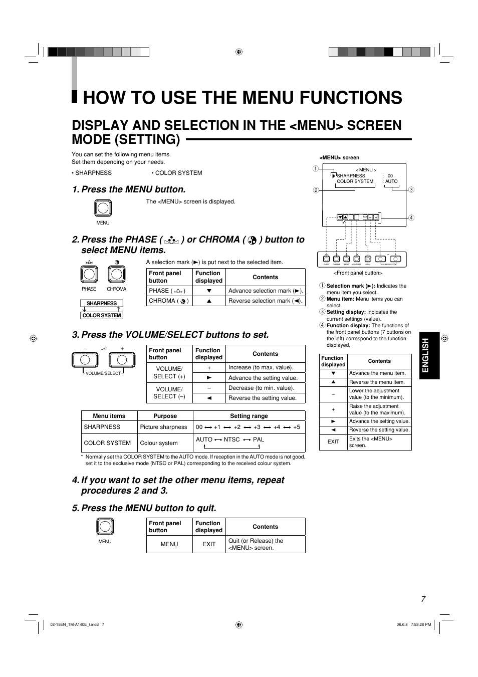How to use the menu functions, Press the menu button, Press the volume/select buttons to set | 7english | JVC Colour Video Monitor TM-A140E User Manual | Page 7 / 16