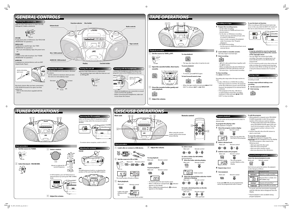 General controls, Selecting the source to play, Adjusting the volume | Turning the unit off, Listening with the headphones, Tape operations, Playback procedure, Recording on a tape, Erasing a tape, Tuner operations | JVC RC-EZ57B User Manual | Page 2 / 2