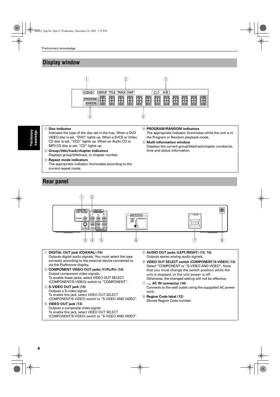 Display window, Rear panel | JVC XV S200BK User Manual | Page 10 / 55