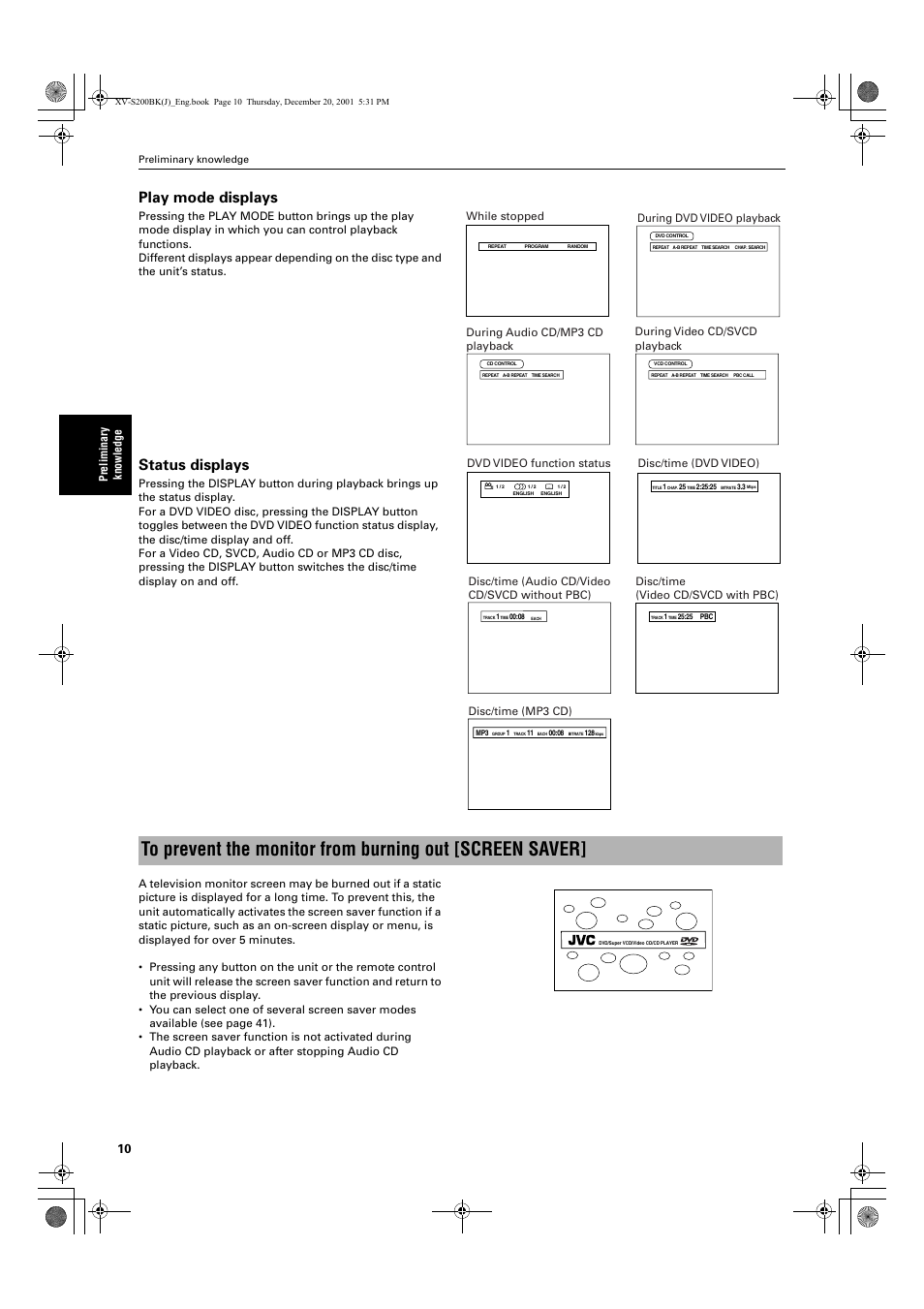 Play mode displays, Status displays | JVC XV S200BK User Manual | Page 12 / 55