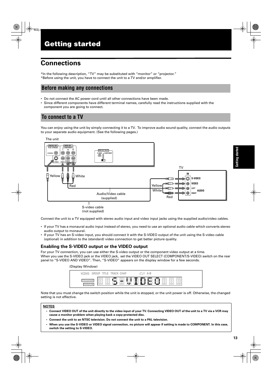 Getting started connections, Before making any connections to connect to a tv, Enabling the s-video output or the video output | JVC XV S200BK User Manual | Page 15 / 55