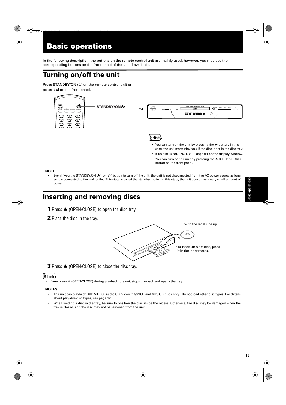 Basic operations, Turning on/off the unit, Inserting and removing discs | Press 0 (open/close) to open the disc tray, Place the disc in the tray, Press 0 (open/close) to close the disc tray | JVC XV S200BK User Manual | Page 19 / 55