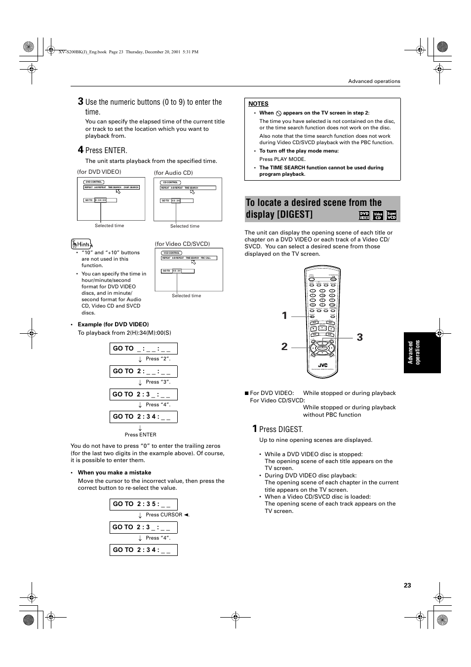 Use the numeric buttons (0 to 9) to enter the time, Press enter, Press digest | JVC XV S200BK User Manual | Page 25 / 55